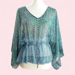 Cabi style #731 sheer fairy preppy, V-neck cinched drawstring waist M coquette